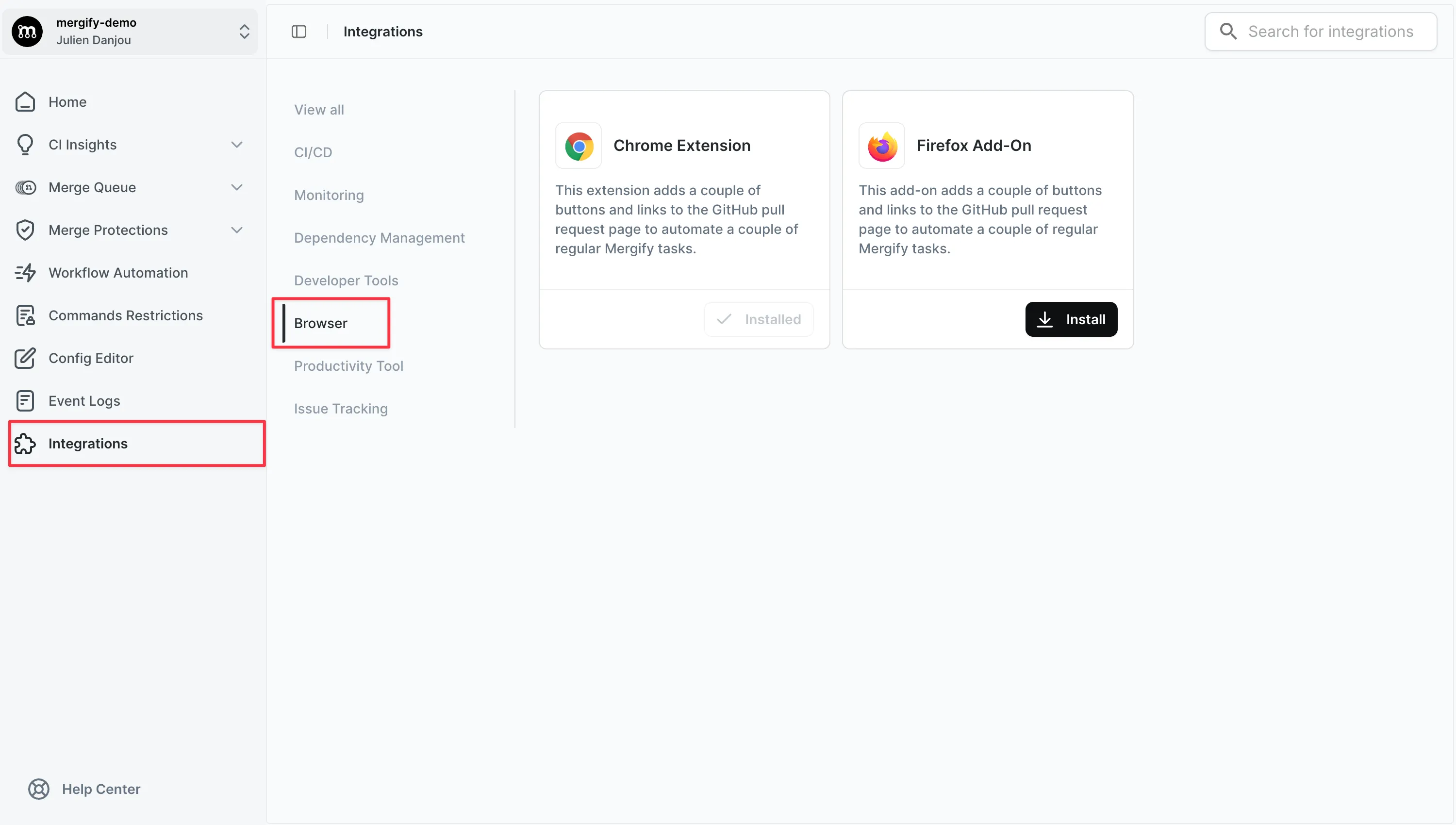 The Browser category of the Mergify Integrations page, with the Chrome Extension and Firefox Add-On cards