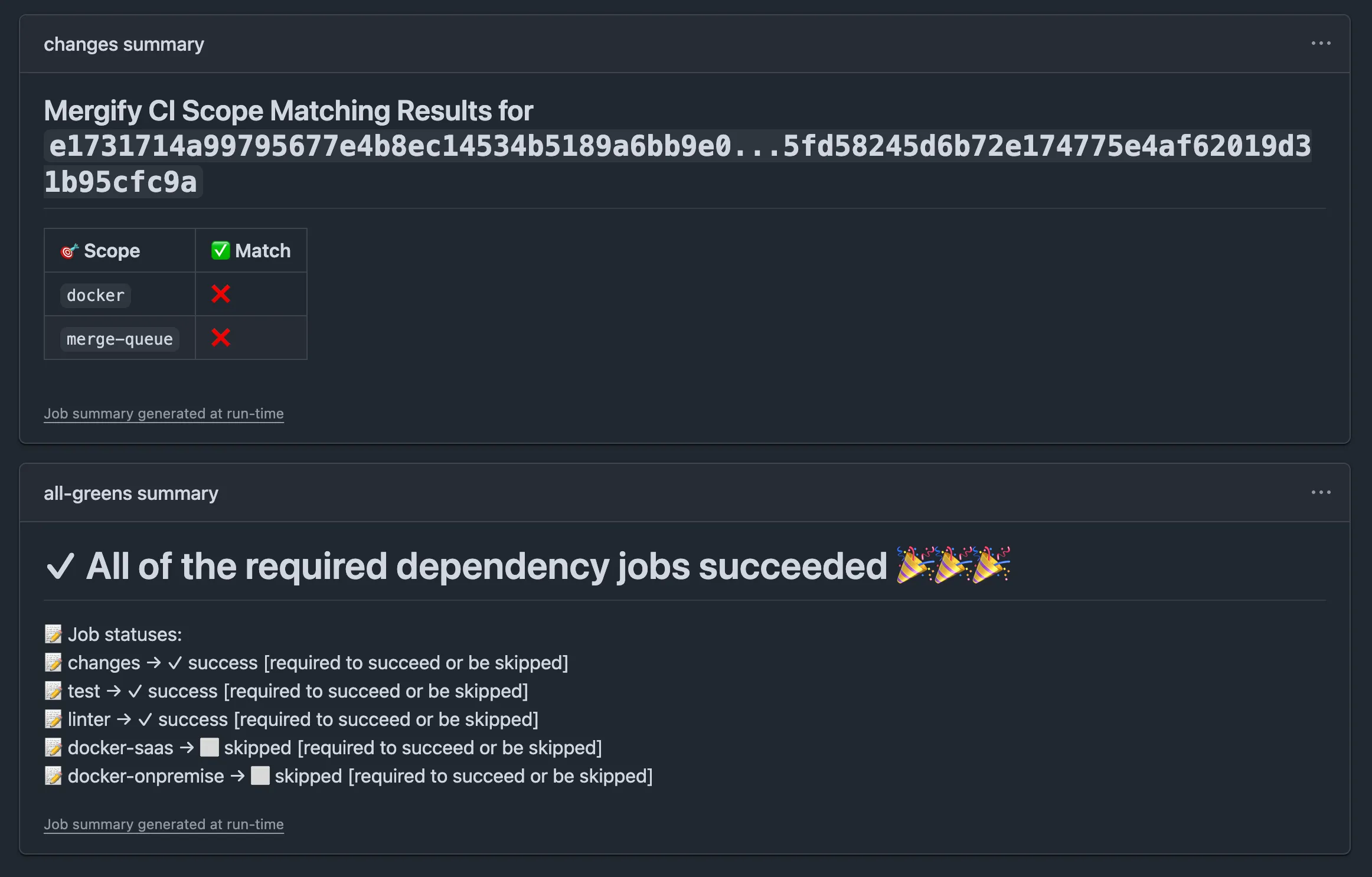 GitHub Actions job summary listing the scopes detected for a pull request