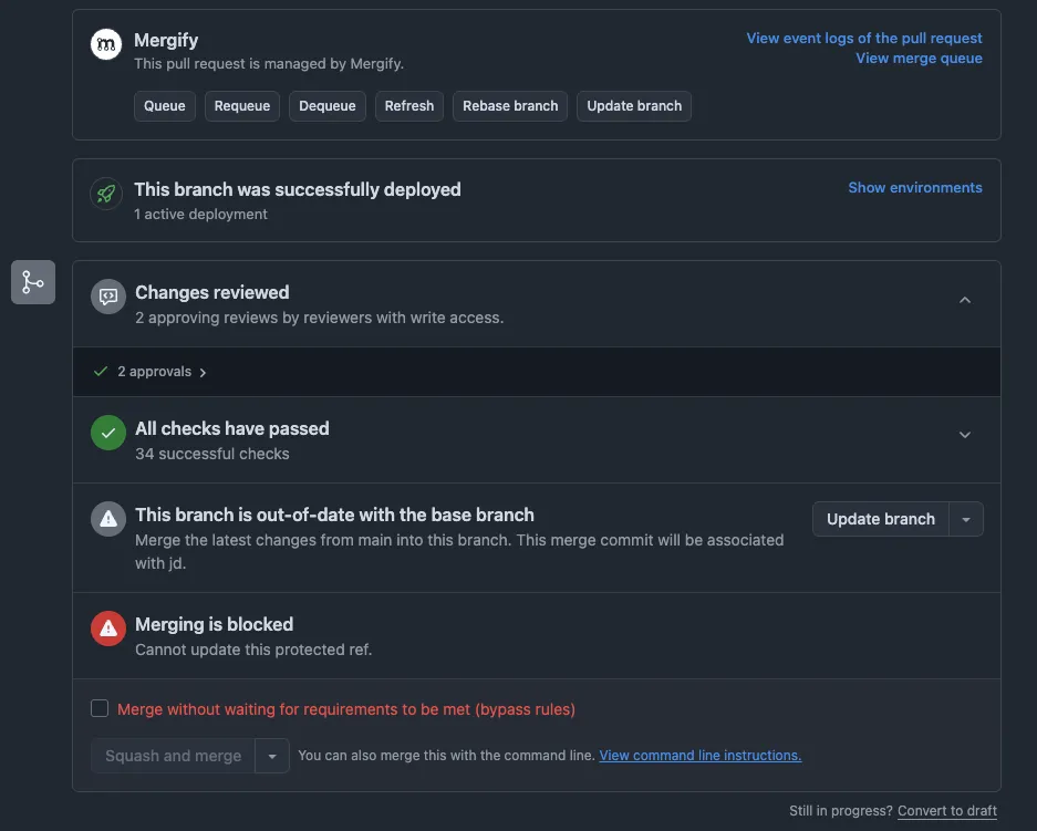 Mergify browser extension panel injected into a GitHub pull request